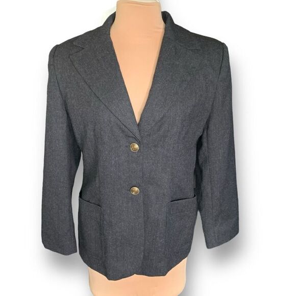 Vintage Wool Blazer Jacket Tailored Dark Gray Black Oversized Preppy Classic - Picture 1 of 12